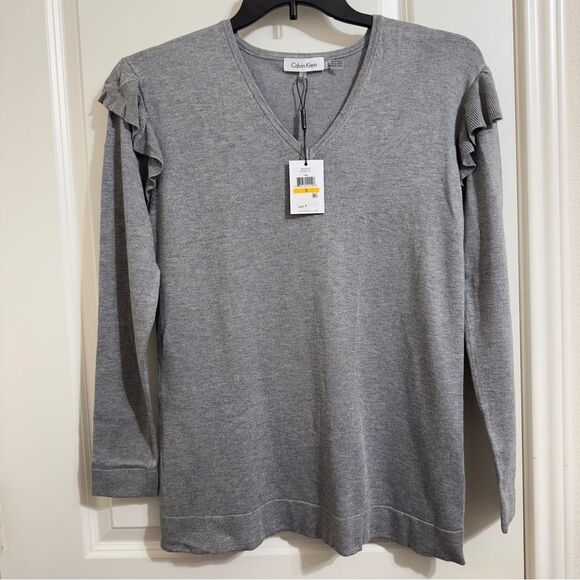 NWT CALVIN KLEIN V-NECK RUFFLE LONG SLEEVE LIGHTWEIGHT KNIT SWEATER TOP SMALL - Picture 4 of 10
